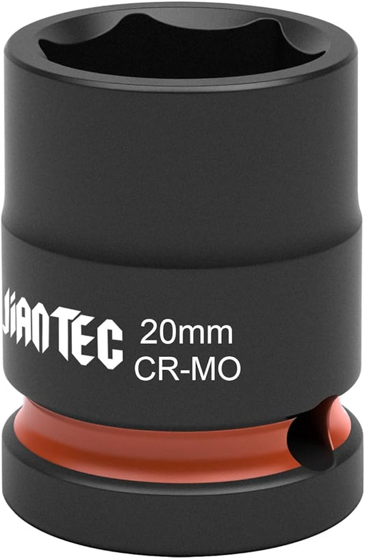 1/2 Inch Drive - 20mm Shallow Impact Socket with Anti-Rounding 6 Point Design, Heat-Treated Cr-Mo Steel, Automotive, Truck Maintenance, Heavy Equipment Repair
