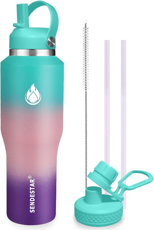 SENDESTAR 40oz Stainless Steel Water Bottle(Cold for 48 Hrs, Hot for 24 Hrs),Double Wall Vacuum Insulated Bottle with Straw Lid, Spout Lid and Flex Cap, Fit in Any Car Cup Holder