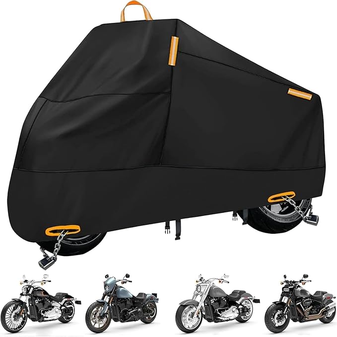 Motorcycle Cover Waterproof Outdoor, 300D Heavy Duty Motorcycle Cover for Harley Davidson Sportster 1200 883 Fat Boy 114 Street Bob, All Seasons Protection Scooter Cover Fits up to 86"