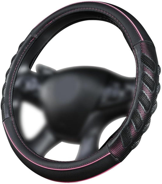 Flying Banner car Steering Wheel Cover Faux Leather Massage Universal fit 3D Honeycomb Hole Anti-Slip Sporty 15 Inches (Pink Black)