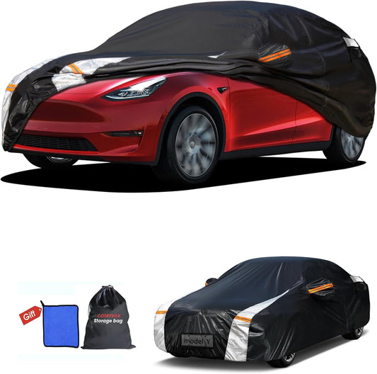 12-Layer Custom Fit Car Cover for Tesla Model Y (2020-2025), Upgraded Waterproof All-Weather Full Exterior Cover with Door Zipper and Charging Port, for Snow Rain Dust and Sun UV Protection-Black.