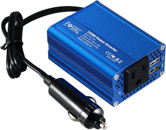 FOVAL 150W Car Power Inverter 12V DC to 110V AC Converter Vehicle Adapter Plug Outlet with 3.1A Dual USB Car Charger for Laptop Computer (Classic Blue)
