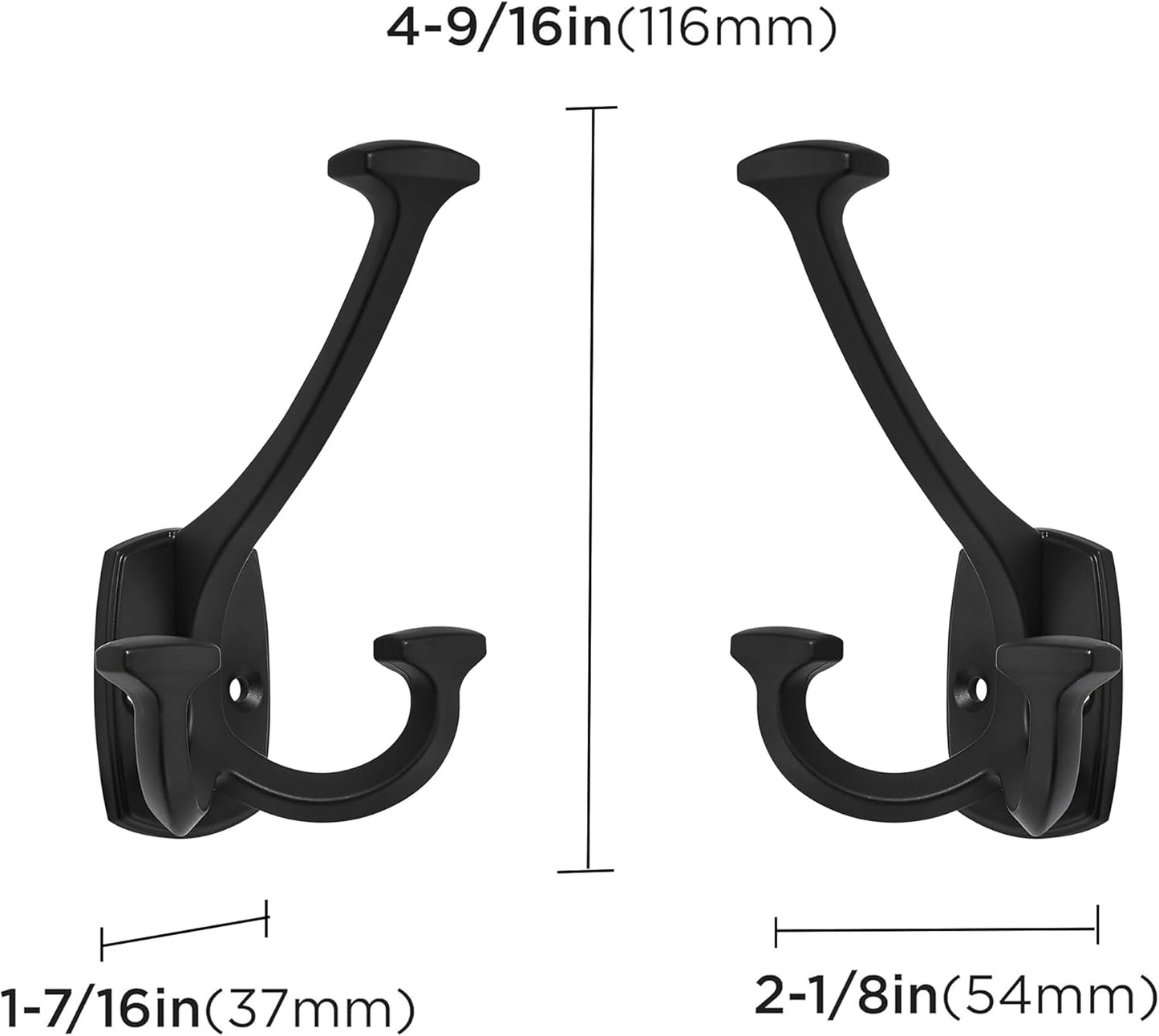 Large Wall Double-Sided Hook 5 Pack Matte Black Hook Decorative Heavy Duty Solid Large Coat Hooks for Towel Hanging Coats Robe Towel Bags Door Back 2 Prong Hooks