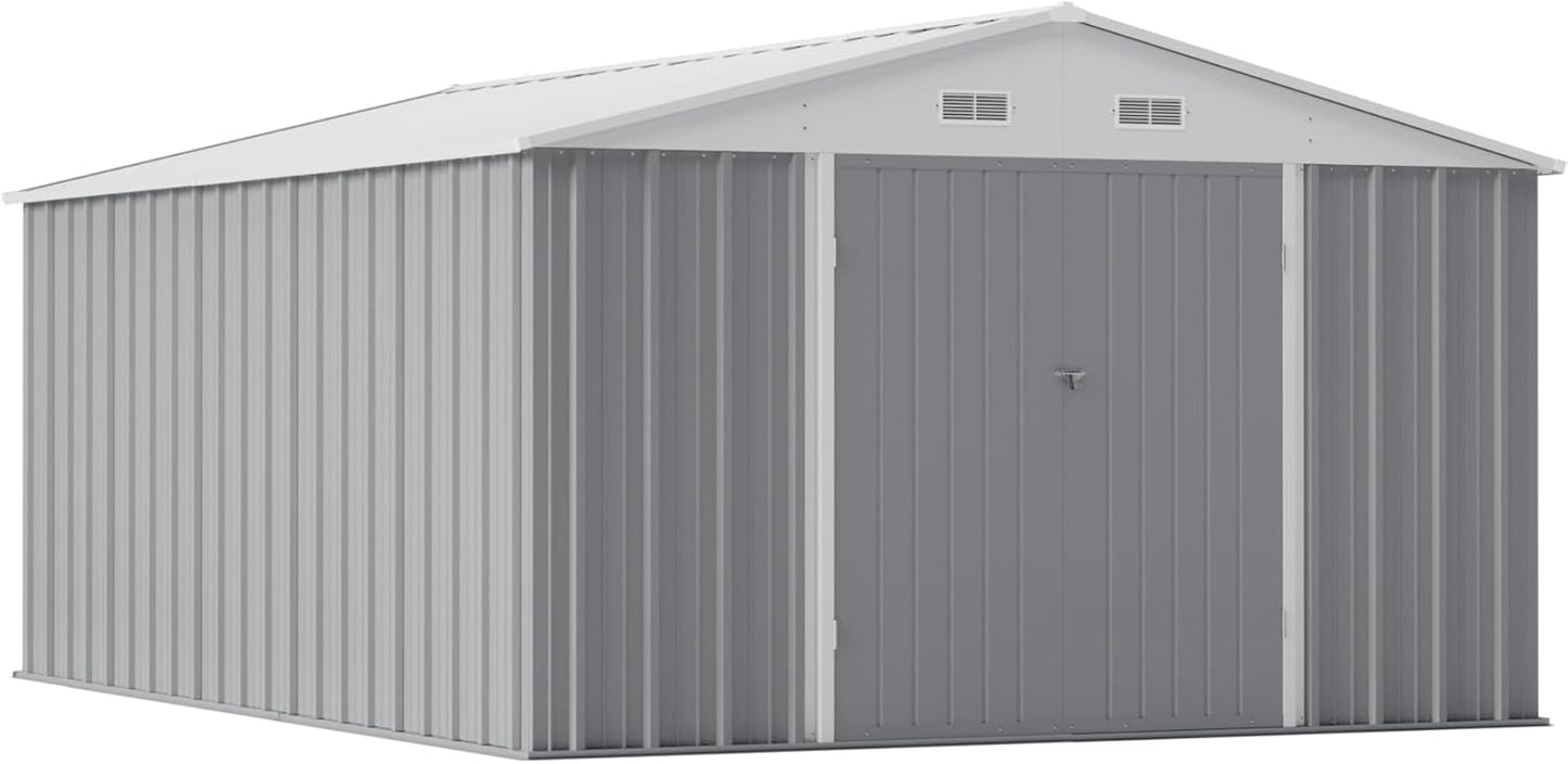 Greesum 10×14 FT Outdoor Storage Shed, Metal Storaged Sheds Without Floor, Tool Sheds with Lockable Doors and Sloping Roof for Garden, Patio, Backyard, Gray