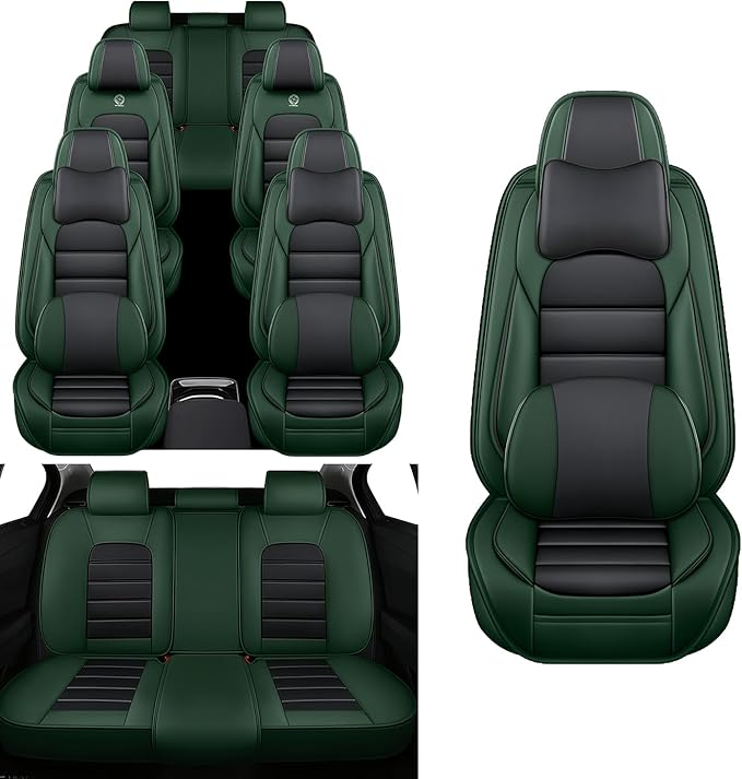 Car Seat Covers Fit for Toyota Highlander 2000-2025 | 7 Seat Car Seat Cover | No-Slip Waterproof Breathable Faux Leather Automotive Seat Covers Auto Interior Covers Black Green,Full Set with Pillow