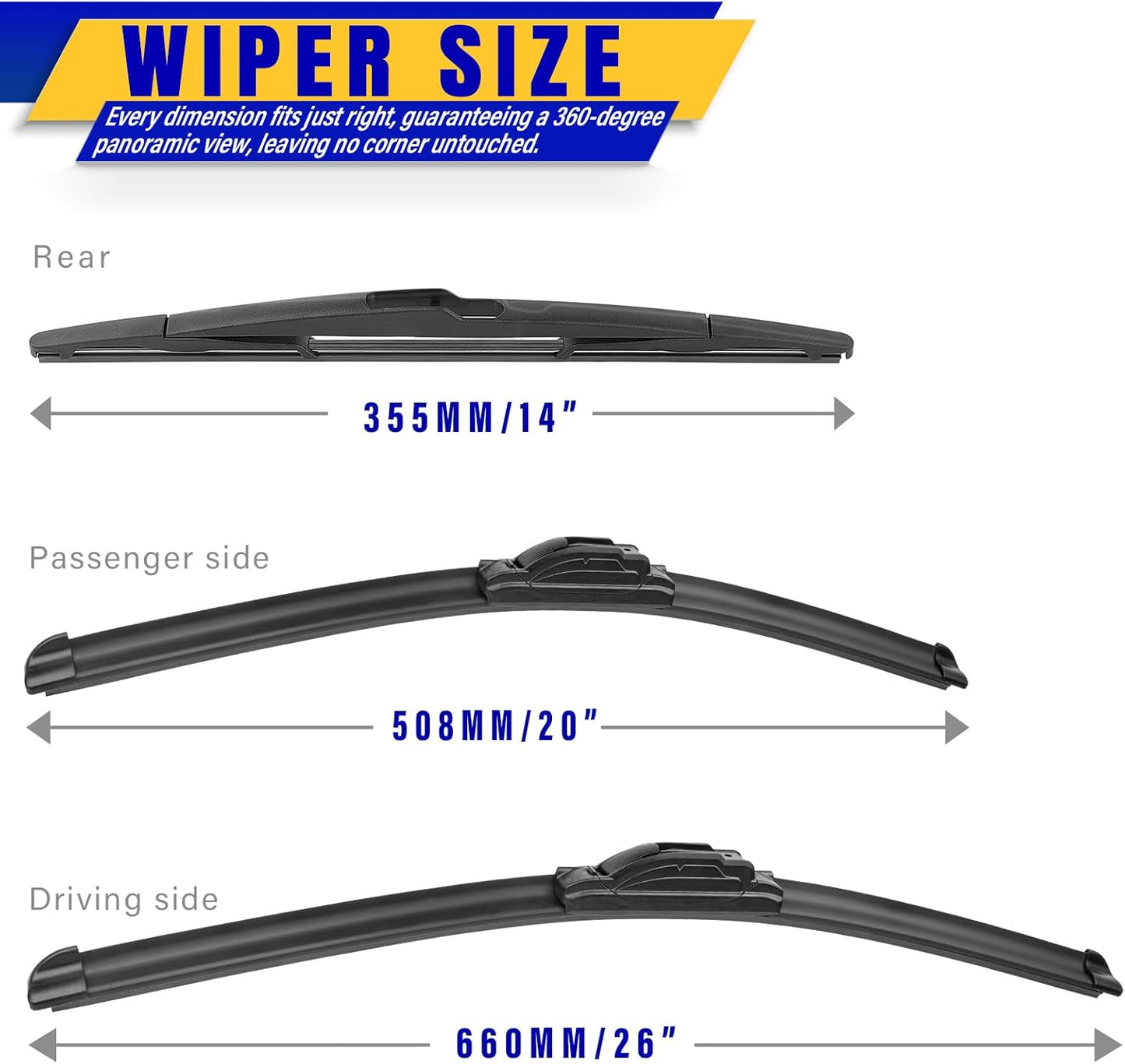 3 wipers Replacement for 2007-2014 Ford Edge/2007-2015 Lincoln MKX, Windshield Wiper Blades Original Equipment Replacement - 26"/20"/14" (Set of 3) U/J HOOK