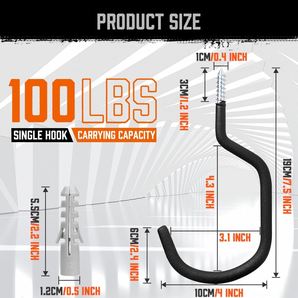 HORUSDY 6 Pack Heavy Duty Bike Hooks - 7.5 inches, 100LBS Capacity for Garage Wall and Ceiling