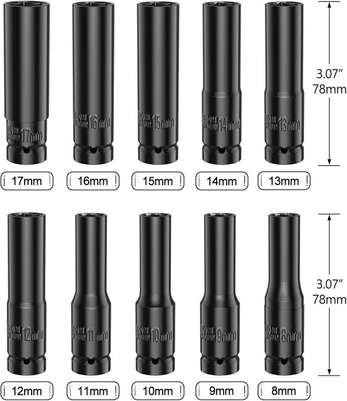 Lytool 10 Pieces 1/2" Drive Deep Impact Socket Set, Metric,Cr-V Steel, 6-Point, 8mm to 17mm, with Storage Cage