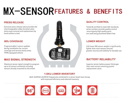Autel TPMS Sensors 2in1 MX-Sensor 315Mhz/433Mhz Tire Pressure Sensor, Press-in OE-Level Programmable & Cloneable Wireless TPMS Sensors for All Vehicles, Program by Autel TPMS Tool (Rubber Stem 4pcs)﻿
