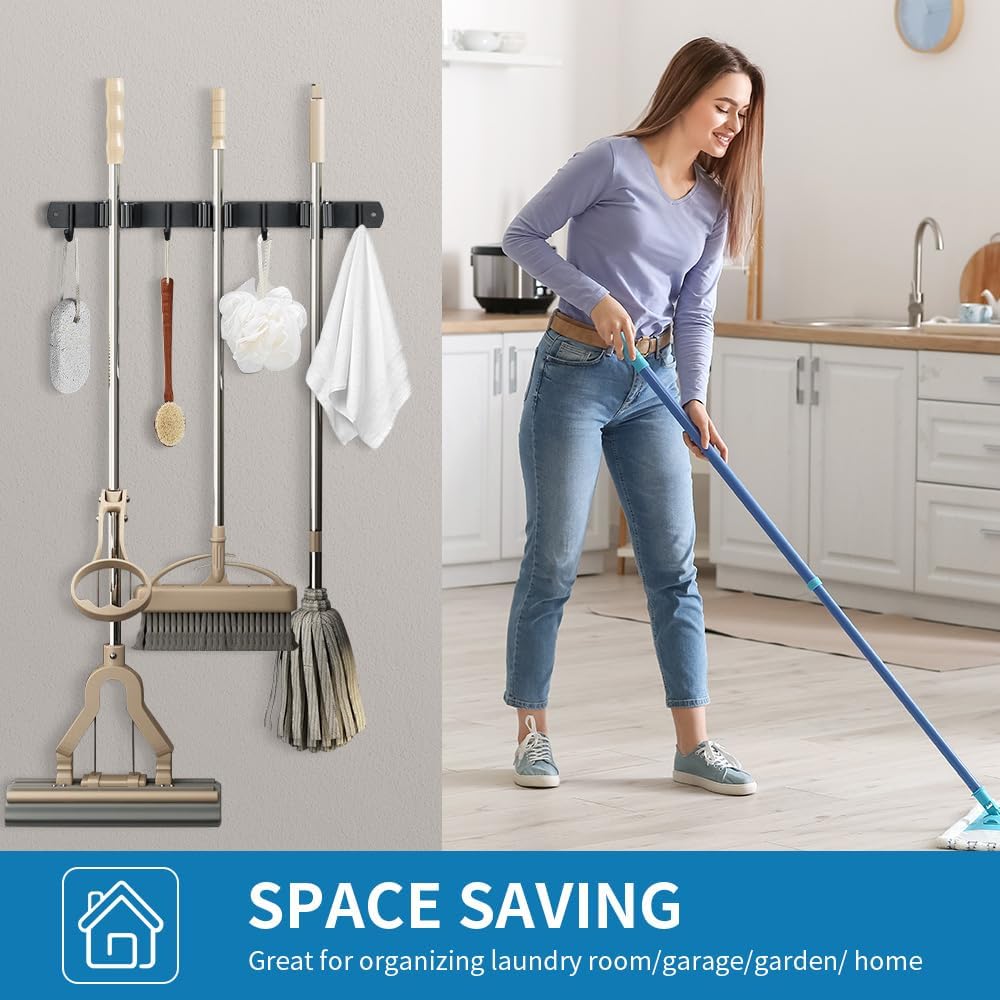 2 Pack Broom Hanger and Mop Holder, Heavy Duty Garden Tool Organizer Rack Rake and Shovel Handle, Stainless Steel Wall Mounted Utility Rack with Screws (4 Racks with 5 Hooks, Matte Black).