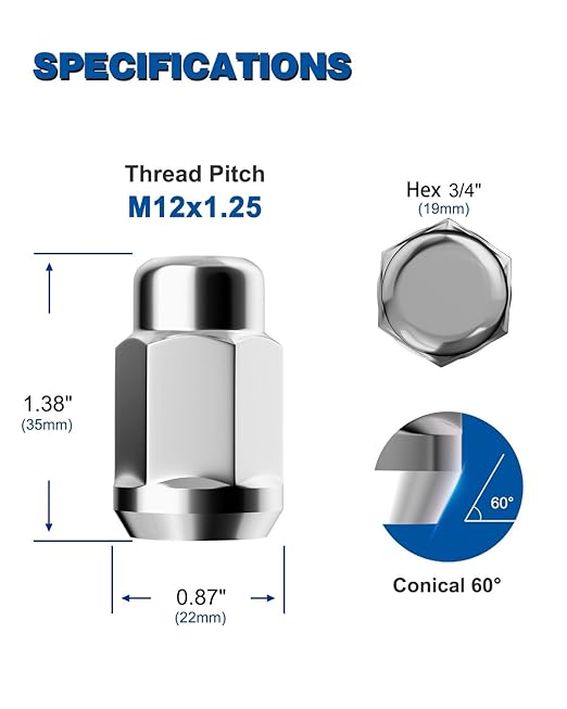 GAsupply M12x1.25 Lug Nuts, Closed End Bulge Acorn Chrome Lug Nuts Cone Seat 1.38" 35mm Tall 3/4" 19mm Hex, 20 Pack