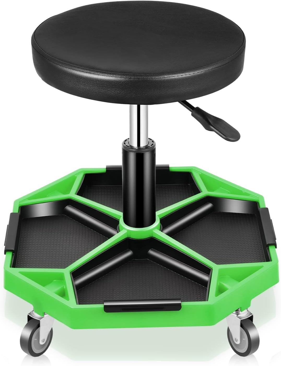 Auto Dynasty Mechanic Stool, Adjustable Rolling Pneumatic Creeper Garage Shop Seat with Tool Tray, 300 LBS Roller Seat for Workshop Auto Repair, Adjustable Height 15.7" to 21", Green