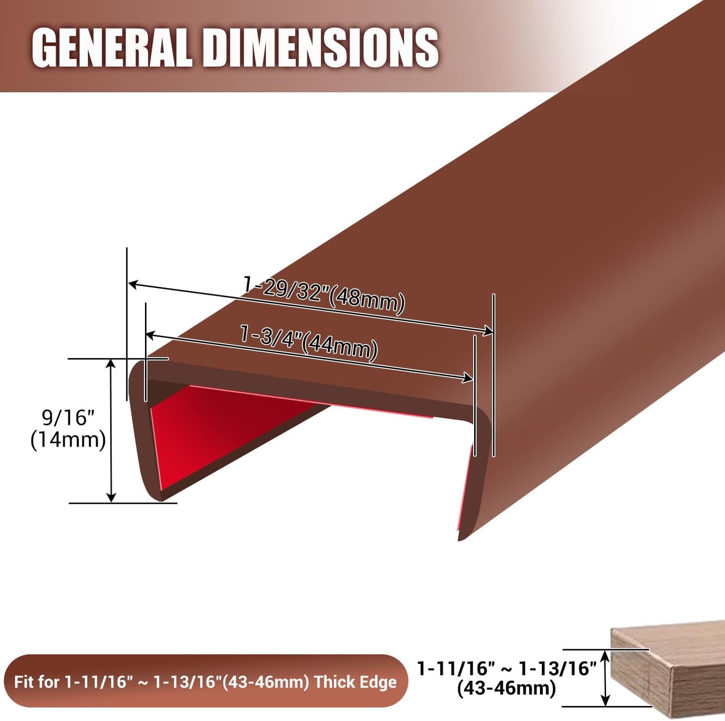 Rubber Edge Trim, Flexible Self-Adhesive U Shaped Peel and Stick Edge Banding, 1-3/4"(44.5mm) U Channel Protector, Edge Guards for Woods, Furniture, 20Ft, Brown Color