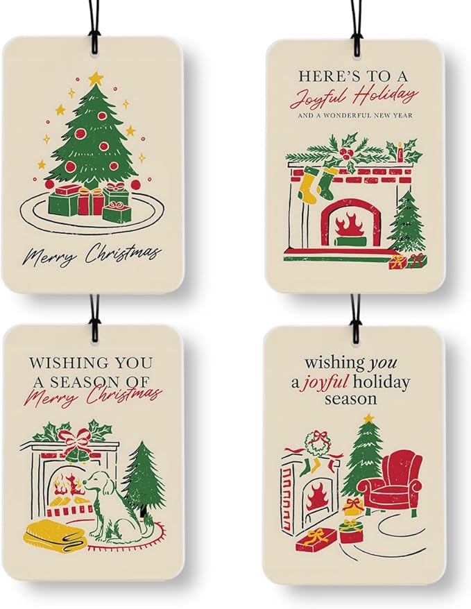 Vintage Christmas Car Air Freshener 4 Pcs, Retro Neutral Christmas Tree Gift Box Dog Fireplace Air Freshener Hanging Decor for Cars Closet Drawer Books Accessories Gifts
