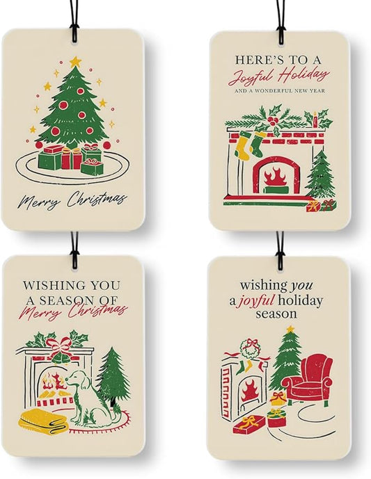 Vintage Christmas Car Air Freshener 4 Pcs, Retro Neutral Christmas Tree Gift Box Dog Fireplace Air Freshener Hanging Decor for Cars Closet Drawer Books Accessories Gifts
