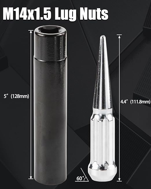 GAsupply 14x1.5 Spike Lug Nuts, Closed End Bulge Acorn Spiked Spline Lug Nuts Chrome 4.4" Tall Cone/Conical Seat, Set of 24+1 Key