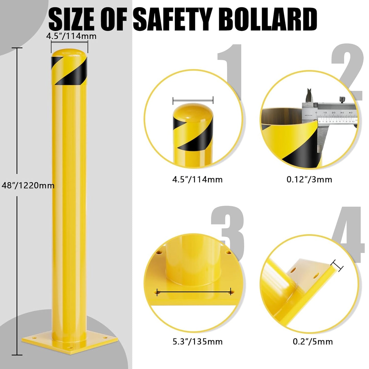 Safety Bollards, Bollards Steel 48 inch, 4.5 Inch Diameter Parking Bollard, Driveway Security Bollards for High Traffic Areas (48inch 4Pack)