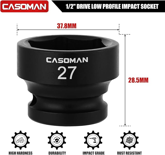 CASOMAN 1/2" Drive 27mm Stubby Impact Socket Set, 6-Point, 1.1" Length, CR-MO, Metric