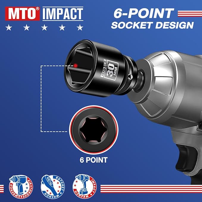 MTO 1/2" Drive 30mm Shallow Impact Socket, 6-Point Metric Socket for Automotive Maintaince, CR-V Steel Meets ANSI Standards