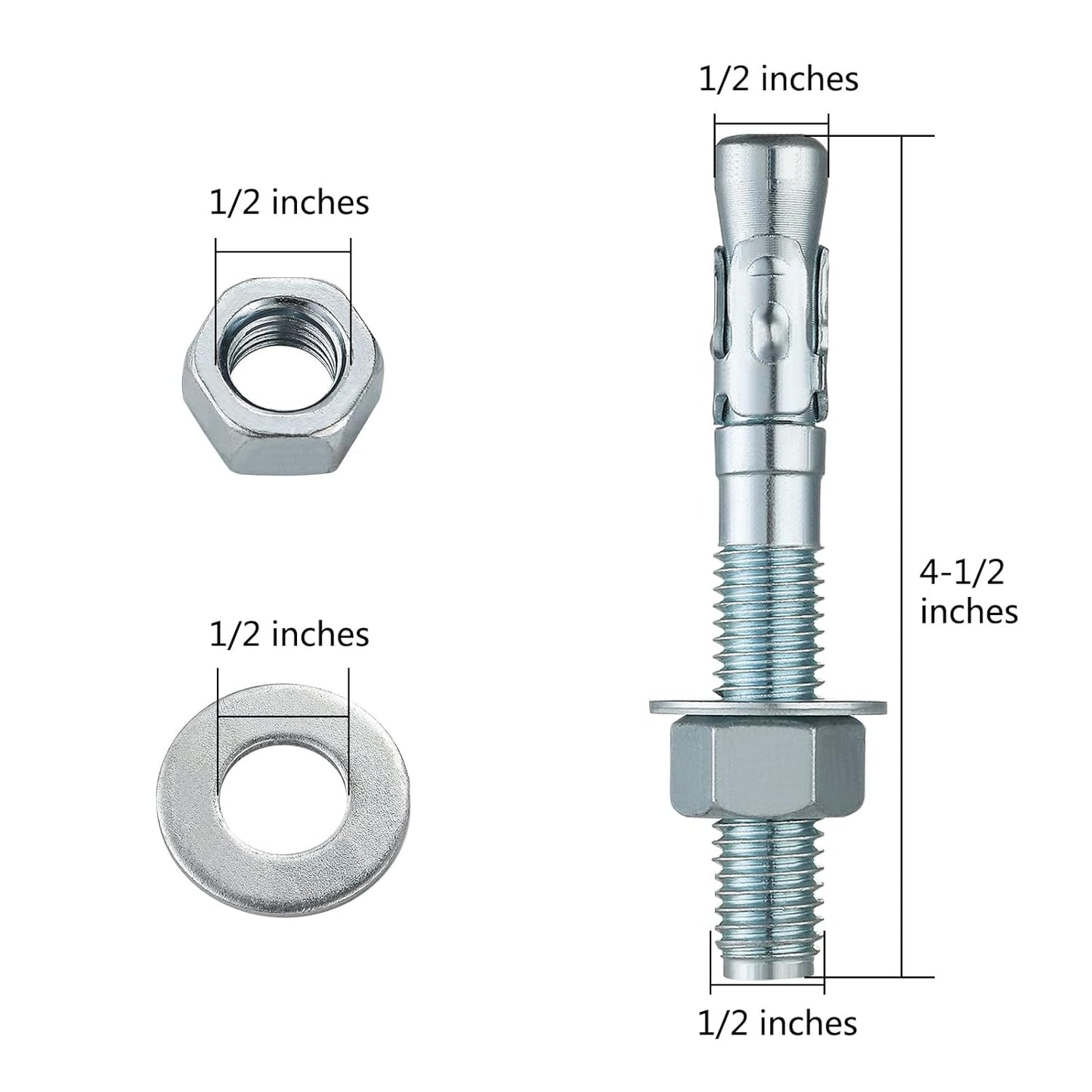 1/2x4-1/2" 50Pcs Inch Standard Fasteners for Heavy-Duty Zinc Wedge Anchors for Cement and Concrete