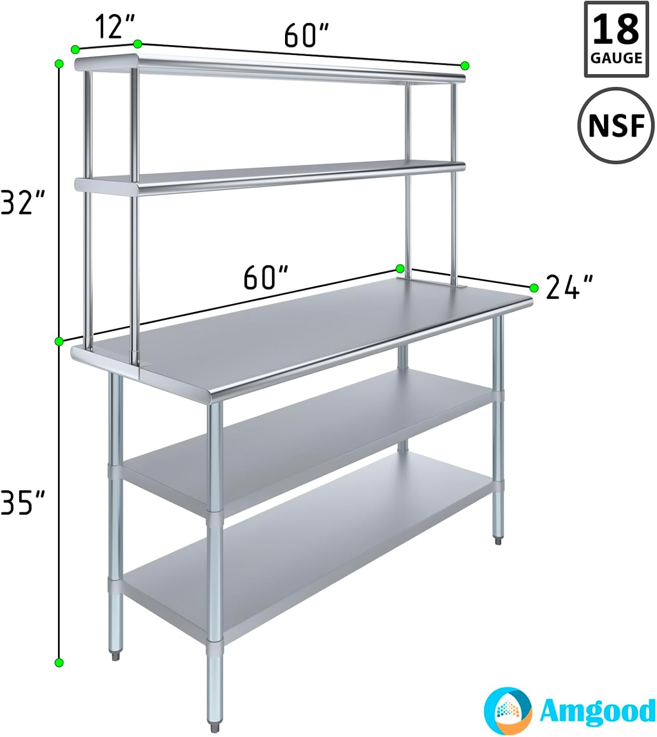 Amgood Stainless Steel Work Table with 2 Shelves | Metal Kitchen Prep Table & Shelving Combo (24" x 60" Table with 2 Shelves + 12" Overshelf)