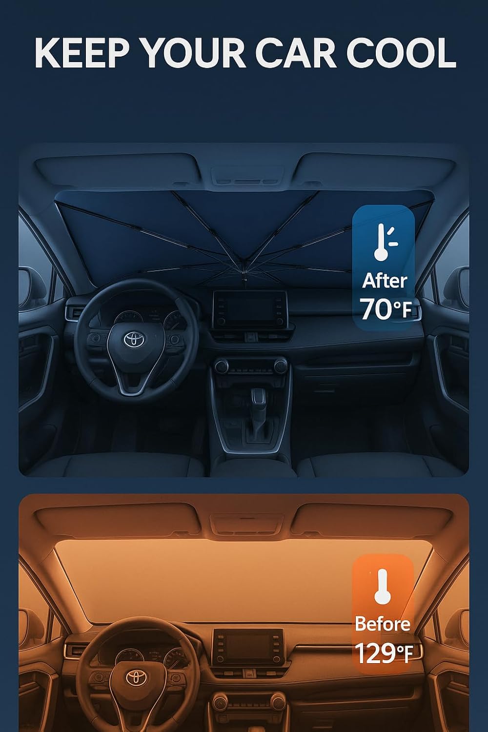 Proadsy Windshield Sun Shade Umbrella for Toyota RAV4 2019-2025 2026 Foldable Car Umbrella Sunshade with Soft TPU Handle Spring Structure Crystal Cooling Material Protect Car from Rays & Heat