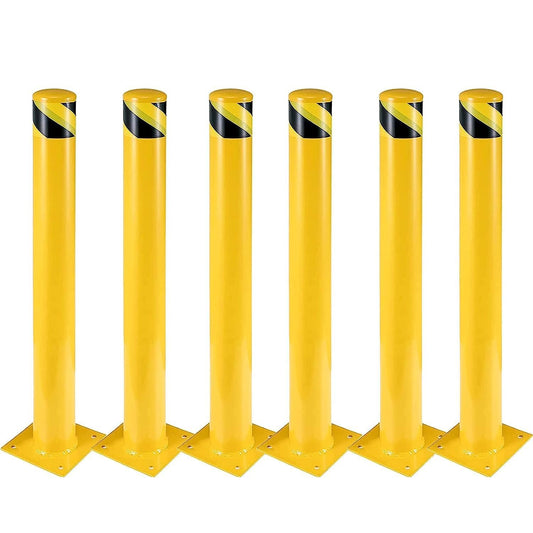 6Pcs Heavy Duty Safety Bollards, 48" Height, 4.5" Diameter Steel Pipe Bollard Post with 24 Anchor Bolts, High-Visibility Yellow Parking Bollard for Traffic Control, Warehouses, & Pedestrian Safety