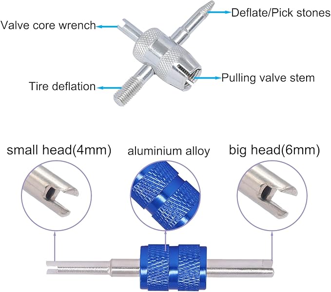 64PCS Tire Valve Stem Removal Tool Kit - 40PCS Tire Valve Cores, 20PCS Valve Stem Caps, 4-Way Valve Tool, Single and Dual Heads Valve Core Remover Tire Repair Tool