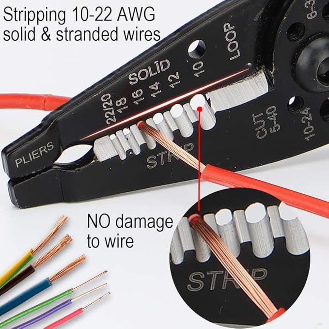 DOWELL Wire Stripping Tool Wire Stripper Crimper Cutter Multifunction 8 Inch 10-22AWG