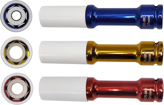 3Pcs Lug Nut Socket Set 1/2" Drive Impact Tools, Power Impact Lug Nut Socket, Non-marring & Extra-Long Thin Wall Wheel Protector Impact Deep Socket, Inch Sizes 17mm, 19mm, 21mm