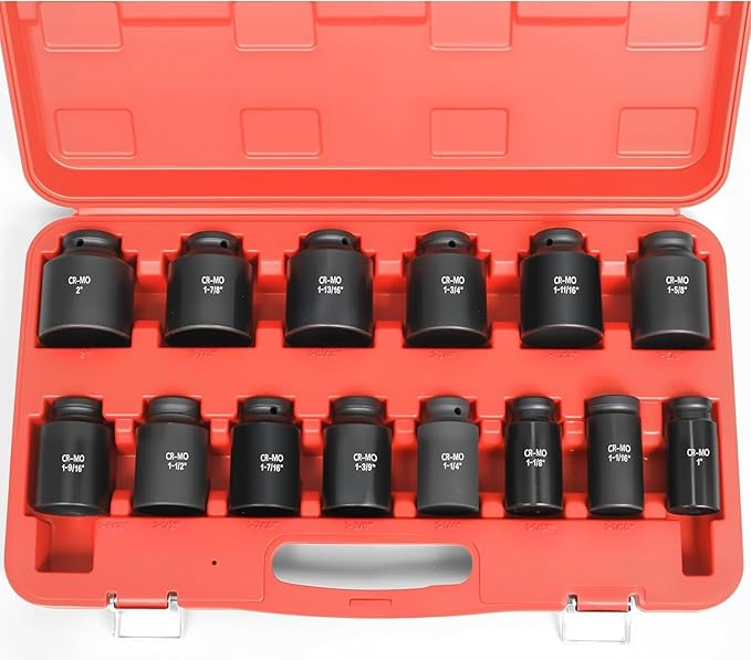 3/4 Inch Drive Deep Impact Socket Set,6-Point,SAE Sizes(1“-2”),14 PCS,Cr-Mo Steel,Heavy Duty Impact Sockets for Automotive & Industrial Machinery,With a Storage Case