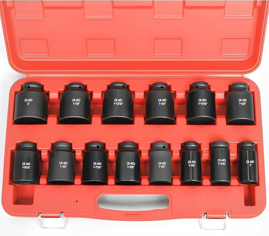 3/4 Inch Drive Deep Impact Socket Set,6-Point,SAE Sizes(1“-2”),14 PCS,Cr-Mo Steel,Heavy Duty Impact Sockets for Automotive & Industrial Machinery,With a Storage Case