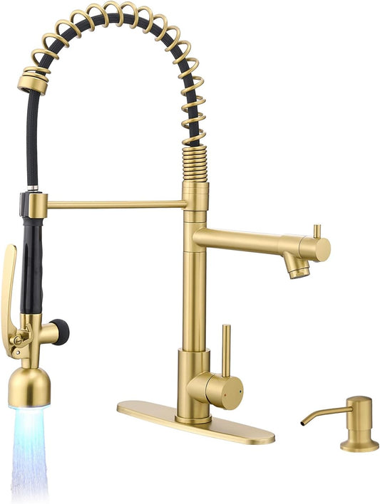 Fapully Commercial Kitchen Faucets with Pull Down Sprayer Brushed Gold LED Single Handle Faucet for Kitchen Sink, Kitchen Faucet with Soap Dispenser and Deck Plack for 4 Hole