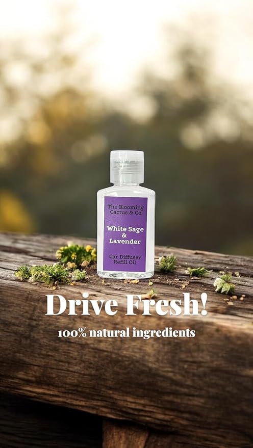 The Blooming Cactus & Co. Car Air Freshener Refill Oil - White Sage & Lavender Scent - Phthalate Free, Non-Toxic, Long-Lasting Fragrance - Fits Most Car Diffusers - 1 oz