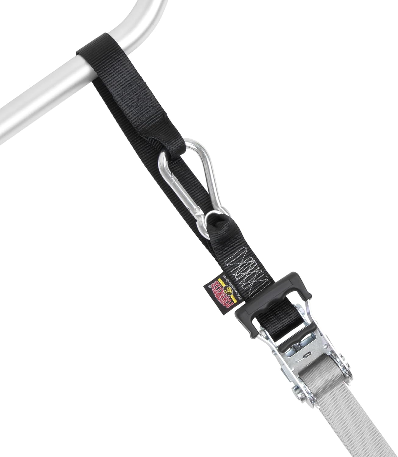 PowerTye - Made in USA - Extra Long Ratchet Tie Down Straps, Heavy Duty with Carabiner Hooks, Soft-Tye & Bag, for Motorcycle, ATV & Cargo, 1,000 lb WLL, 1.5 inch x 10ft Long, Silver/Black (Pair)