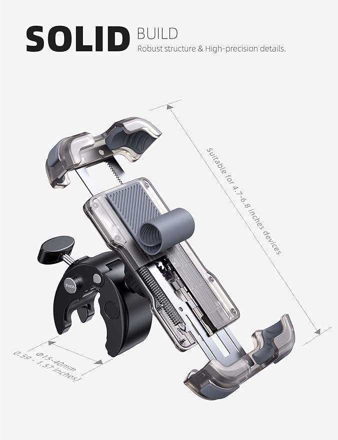 Lamicall Motorcycle Phone Mount, Bike Phone Holder - Upgrade Quick Install Handlebar Clip for Bicycle Scooter, Cell Phone Clamp for iPhone 17 16 15 Pro Max, Galaxy, 4.7-6.8" Phones, Transparent Gray