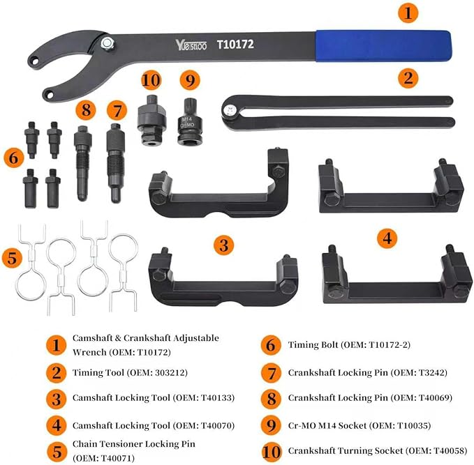 Engine Camshaft Locking Timing Tool Kit, Compatible with VW Audi 2.0 2.4 2.5 2.8 3.0T 3.2 4.2 5.0 5.2, Touareg Q7 Porsche 3.0T, A4 A6 A6L A8 Q5 Q7 R8, Replace OEM T40133 T40070 T40058 T10172