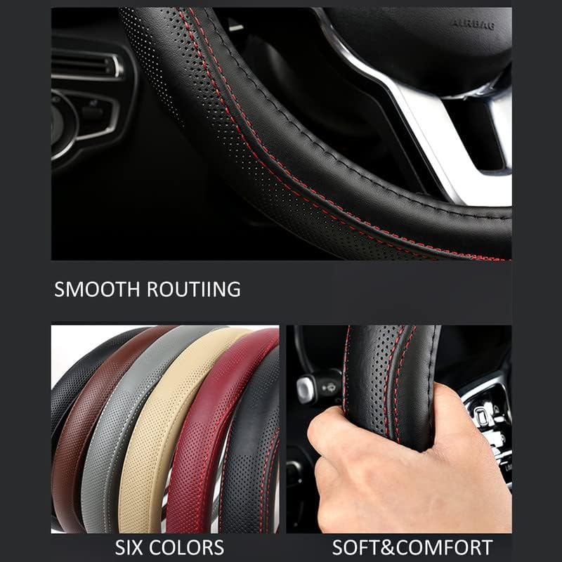 Cowhide Steering Wheel Cover Heat Resistant Anti-Slip Car Wheel Wrap Compatible with Most Makes and Models of Cars and Trucks with 14.5 to 15 Inch Steering Wheel(Brown)