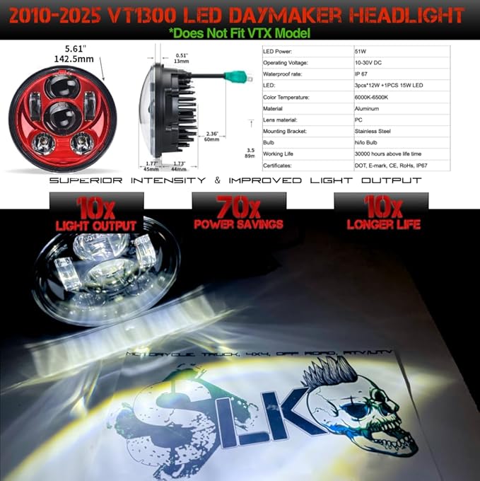 SLK-Lights VT1300 Fury Daymaker LED Headlight 5 3/4in - Direct Fit - Plug & Play - Compatible Honda VT1300 2010-2025 Honda Fury, Sabre, Interstate, and Stateline (RED)