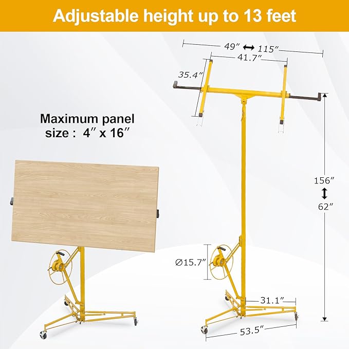 13FT Drywall Lift Sheetrock Lift, 150LBS Capacity, Drywall Lift Panel Hoist with Telescopic Arm, Drywall Jack Lift with 3 Lockable Wheels for Home Improvement Classic, 4'x16' Panel Size, Yellow