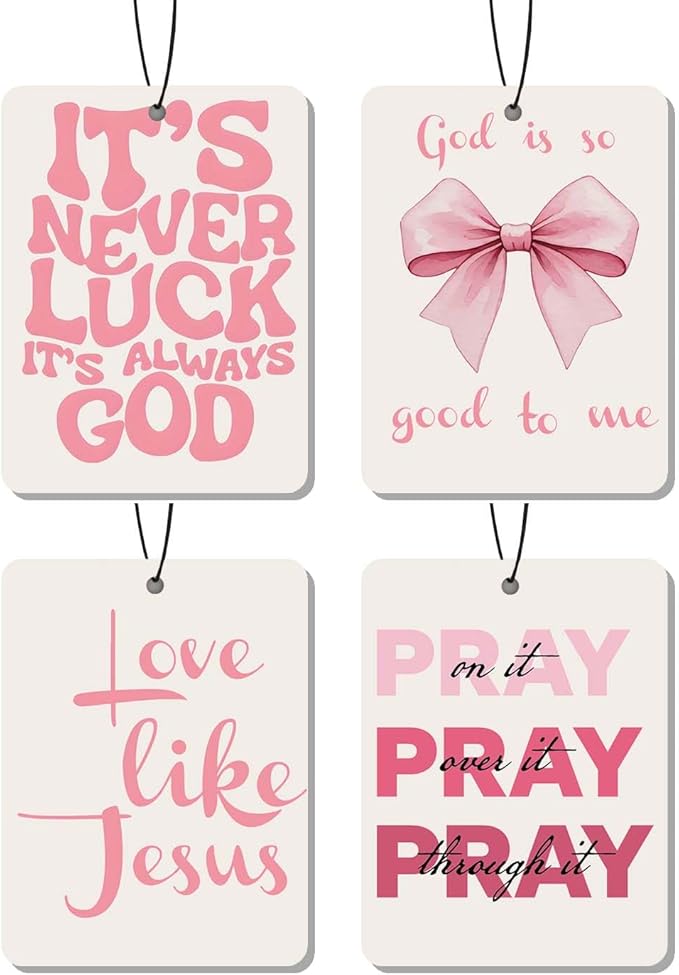 Christian air freshener for car 4Pcs, bow and jesus Hanging Scents for Car Lovers, Bible Quote Gift Air Freshener Hanging in Car Wardrobe Drawer or Book.