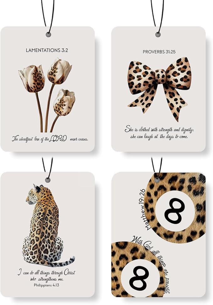 EVER-GOING TUNE Trendy Leopard Print Car Air Freshener 4 Pcs,Retro Coquette Cheetah Prints Room Decor, Christian Bible Gift Air Freshener Hanging in Car Wardrobe Drawer or Book.