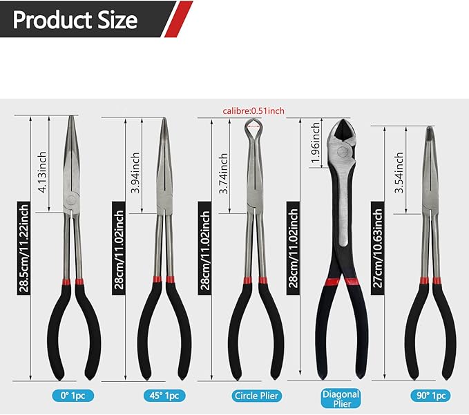 5-Piece 11" Extra Long Needle Nose Pliers Set with Insulated Comfort Grip, Straight Long Reach Plier, 45/90°Bent Nose Pliers,O-shaped nose plier,Diagonal Plier for Bending Shaping Trimming