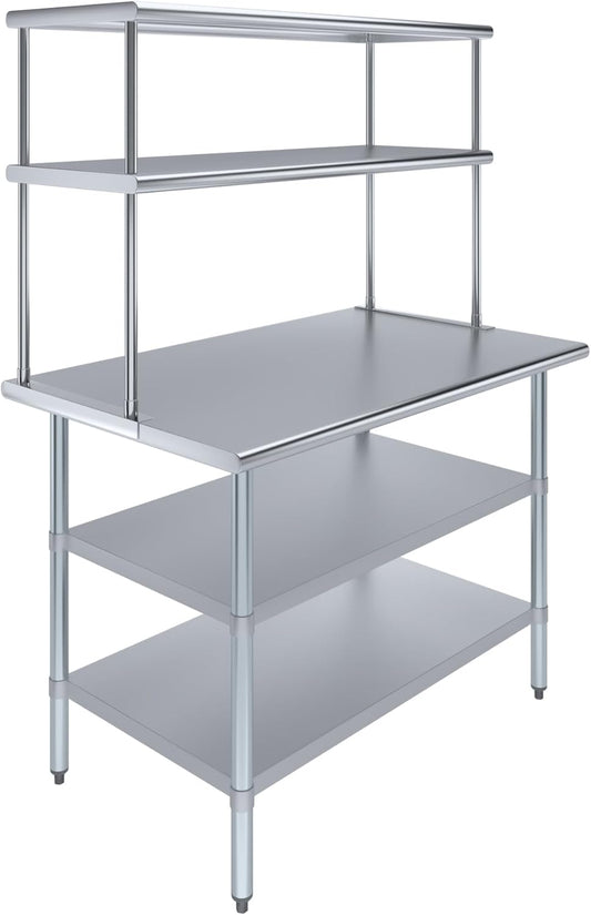 Amgood Stainless Steel Work Table with 2 Shelves | Metal Kitchen Prep Table & Shelving Combo (30" x 48" Table with 2 Shelves + 18" Overshelf)