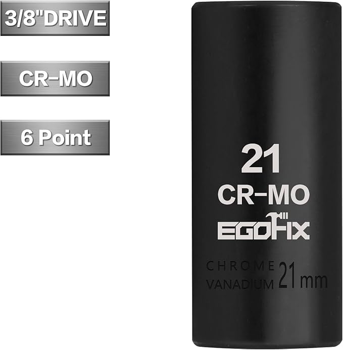 3/8" Drive Deep Impact Socket, 21mm Metric Socket, CR-MO 6 Point for Easy Removal of Axle Nut