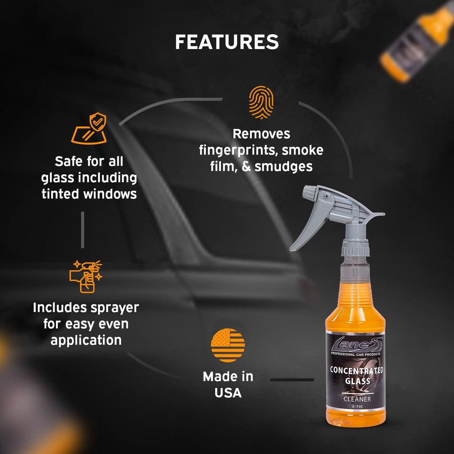 LANE'S Concentrated Auto Glass Cleaner- Window Cleaner, Windshield Cleaner- Removes Smoke Film, Fingerprints, and Smudges, Safe for All Glasses- 16 oz