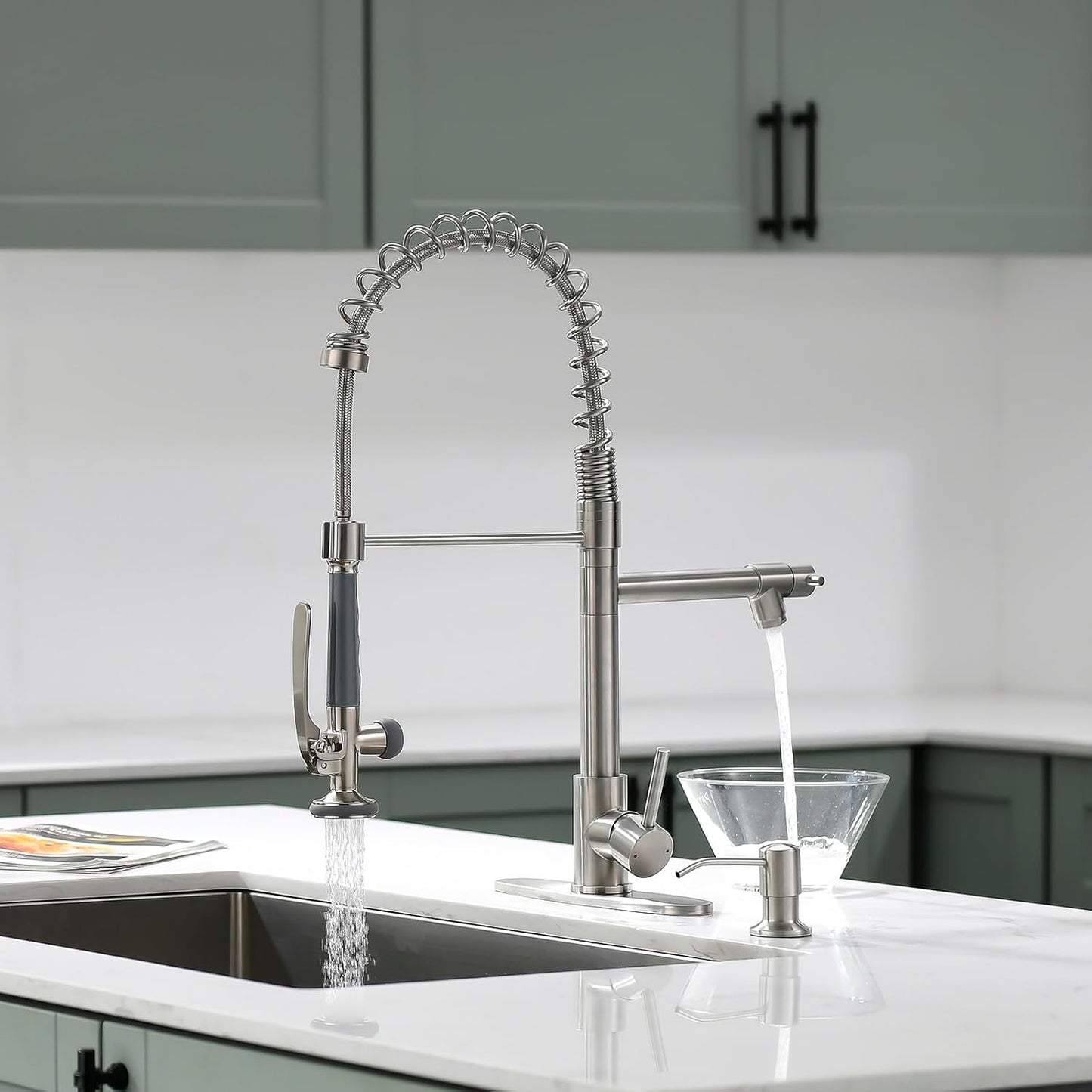 Fapully Commercial Pull Down Kitchen Sink Faucet with Sprayer Brushed Nickel Single Handle Faucets for Kitchen Sink, Kitchen Faucet with Soap Dispenser and Deck Plack for 4 Hole