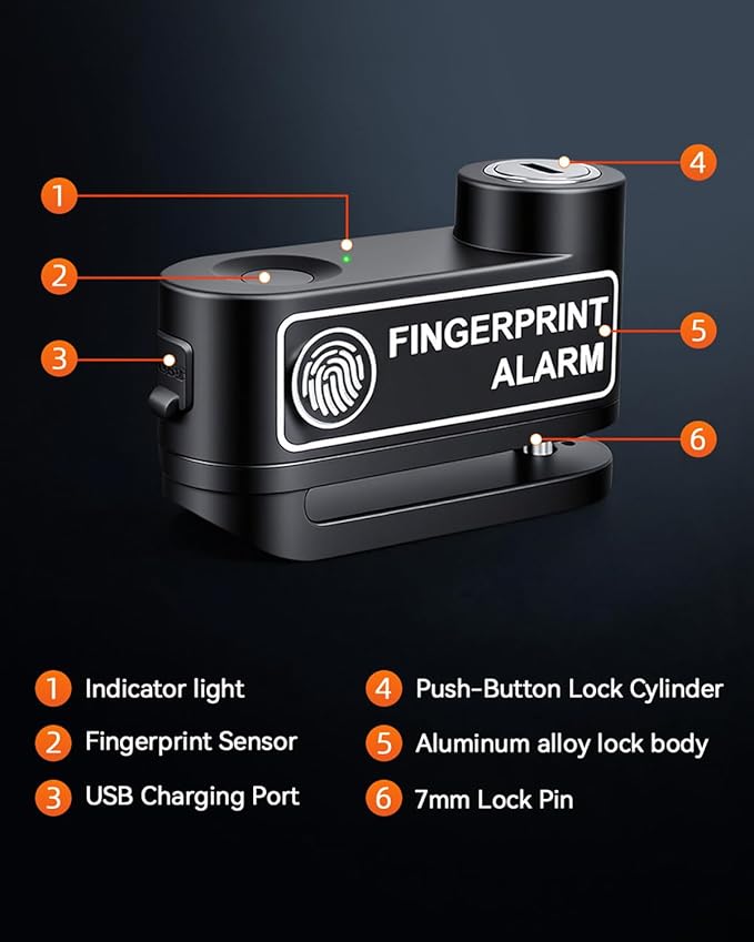YBLNTEK Motorcycle Disc Brake Lock with Alarm, Fingerprint Anti-Theft Motorcycle Lock Rechargeable, 7mm Pin Disc Locks with 5ft Reminder Cable for Motorbike Scooter Bikes