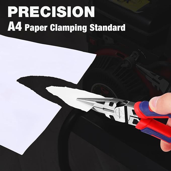 WORKPRO Premium 8” Needle Nose Pliers, Paper Clamp Precision, Heavy-Duty CRV Steel, Large Soft Grip with Wire Cutter, Long Nose Cutting Pliers, W031269