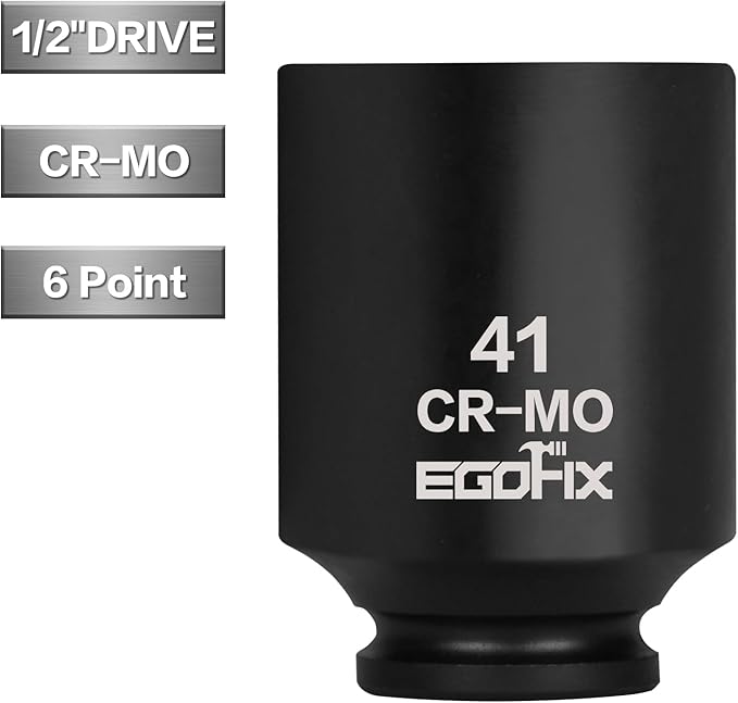 1/2" Drive Deep Impact Socket, 41mm Metric Socket, CR-MO 6 Point for Easy Removal of Axle Nut